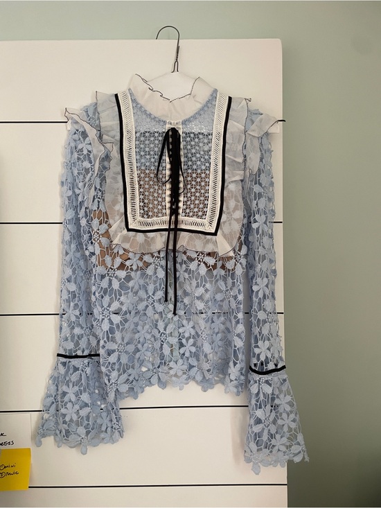 Self-Portrait Tops - Self-Portrait Blue Lace Floral High-Neck Blouse with Contrast Bib